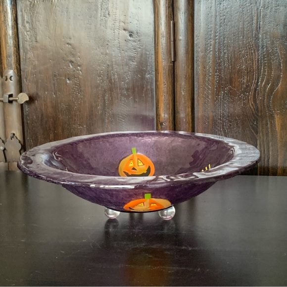 Vintage Purple Glass Halloween Bowl Jack O’Lanterns Black Cats - Picture 6 of 9